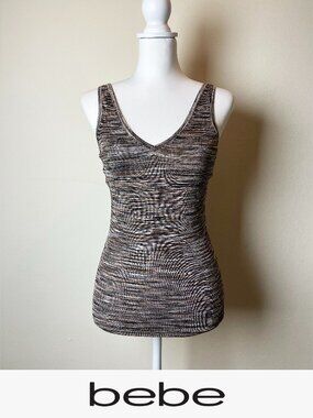 Bebe Vintage Y2K Earth Tone Striped Knit V-Neck Tank Top | Size Small EUC